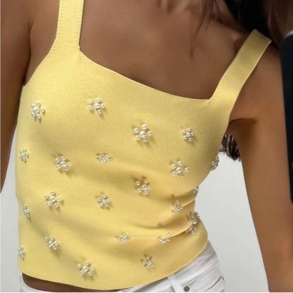 Zara Yellow Pearl-Embellished Tank Top